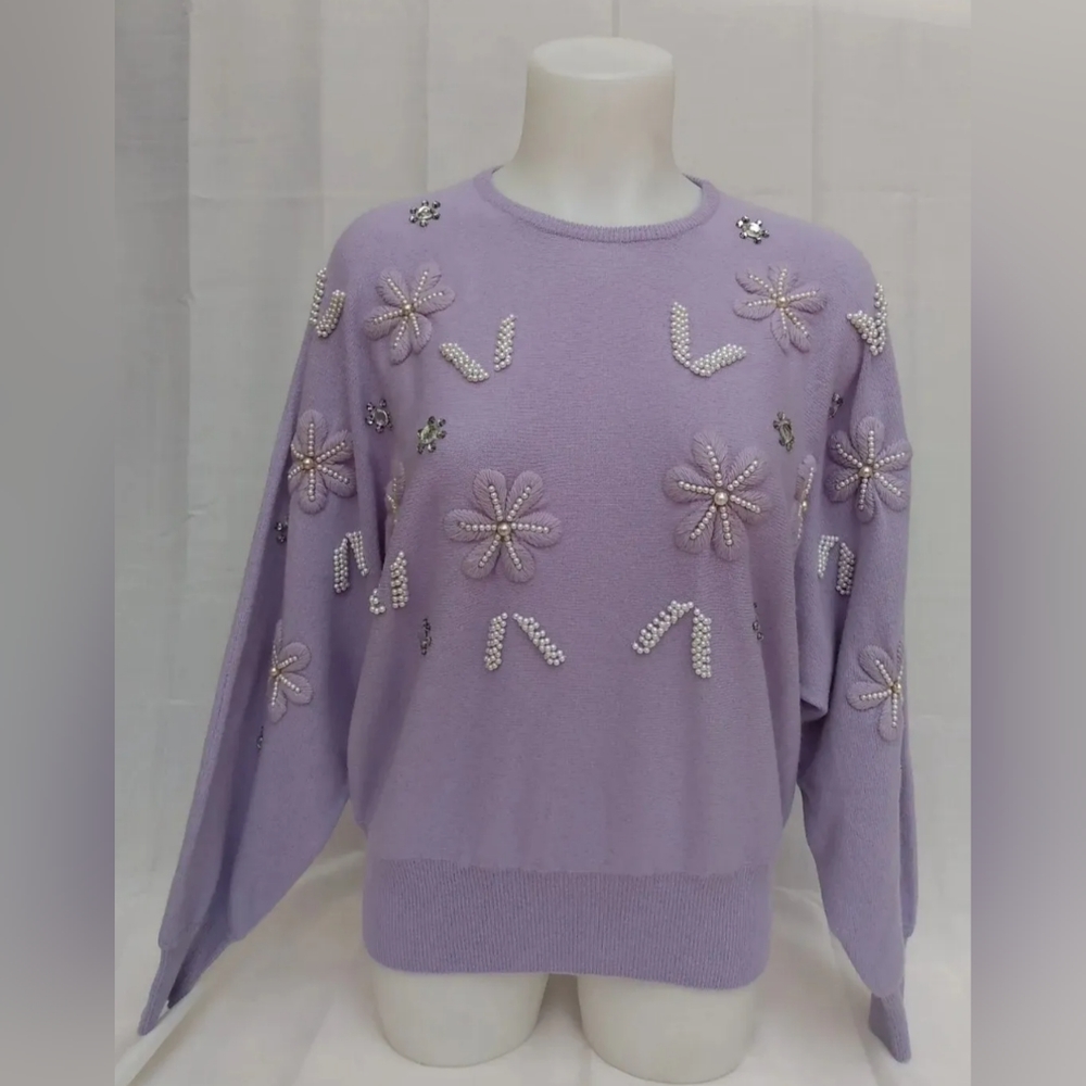 Vintage 80s Women's 100% Cashmere lavender Sweater EMBELLISHED pearl purple